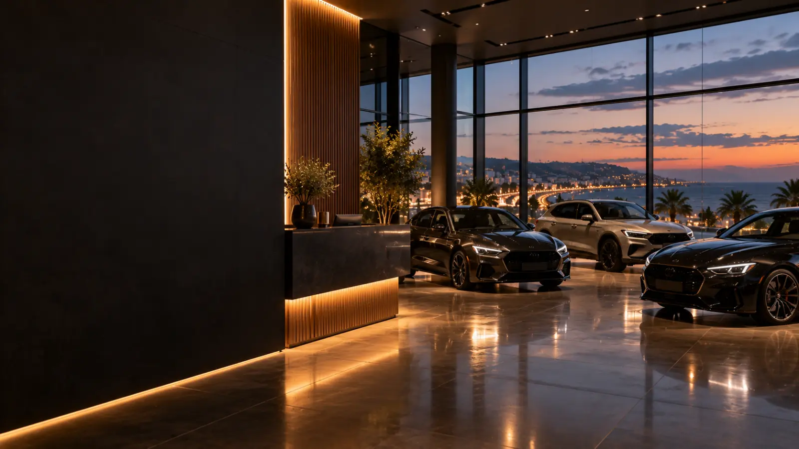 Autohaus-Showroom mit dunklen Fahrzeugen vor großen Fenstern und Abendhimmel über der Bucht von Varna