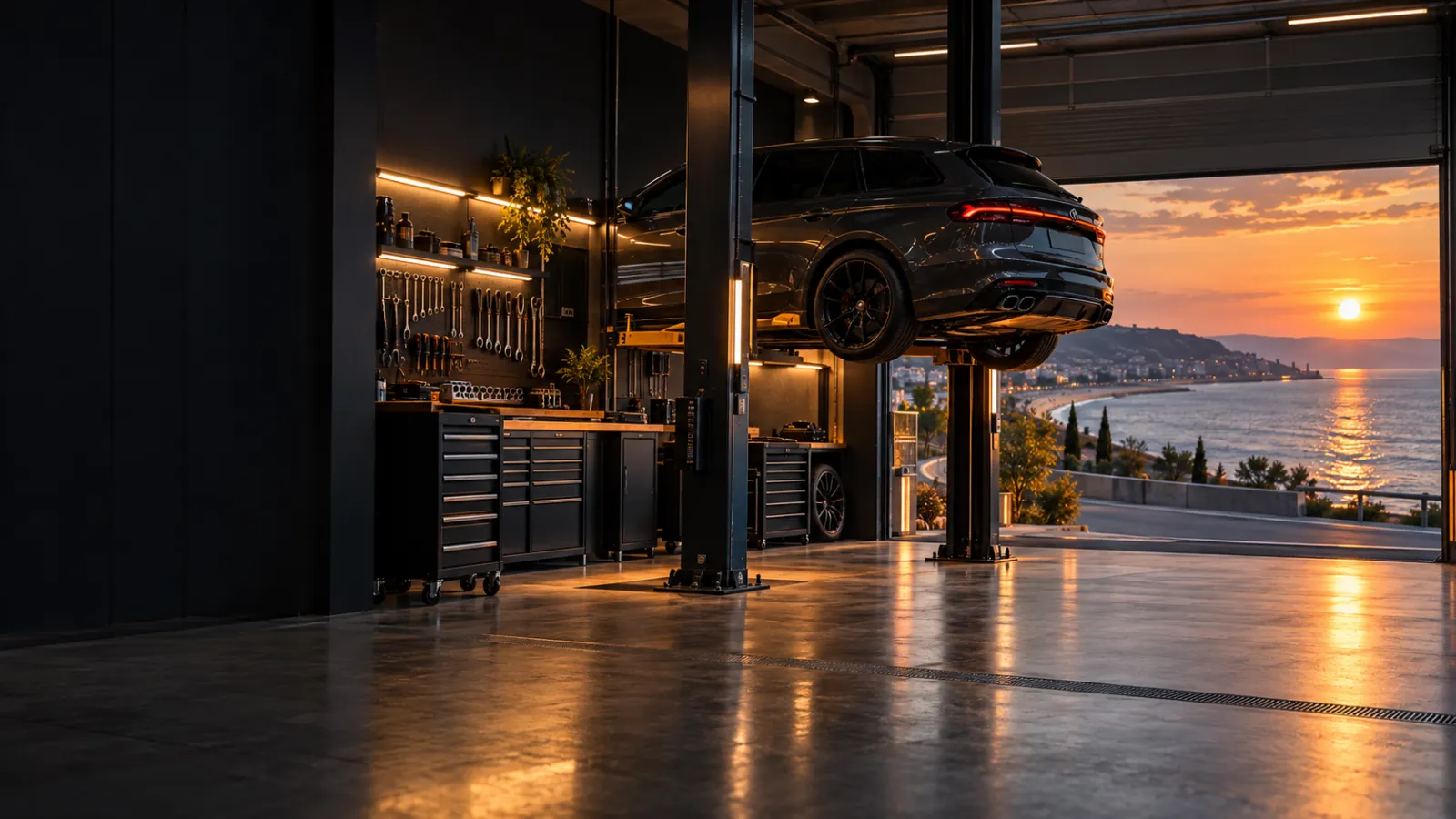 Modern garage with a dark estate car on the lift, the coast road and the sea of Varna in evening light through the open door