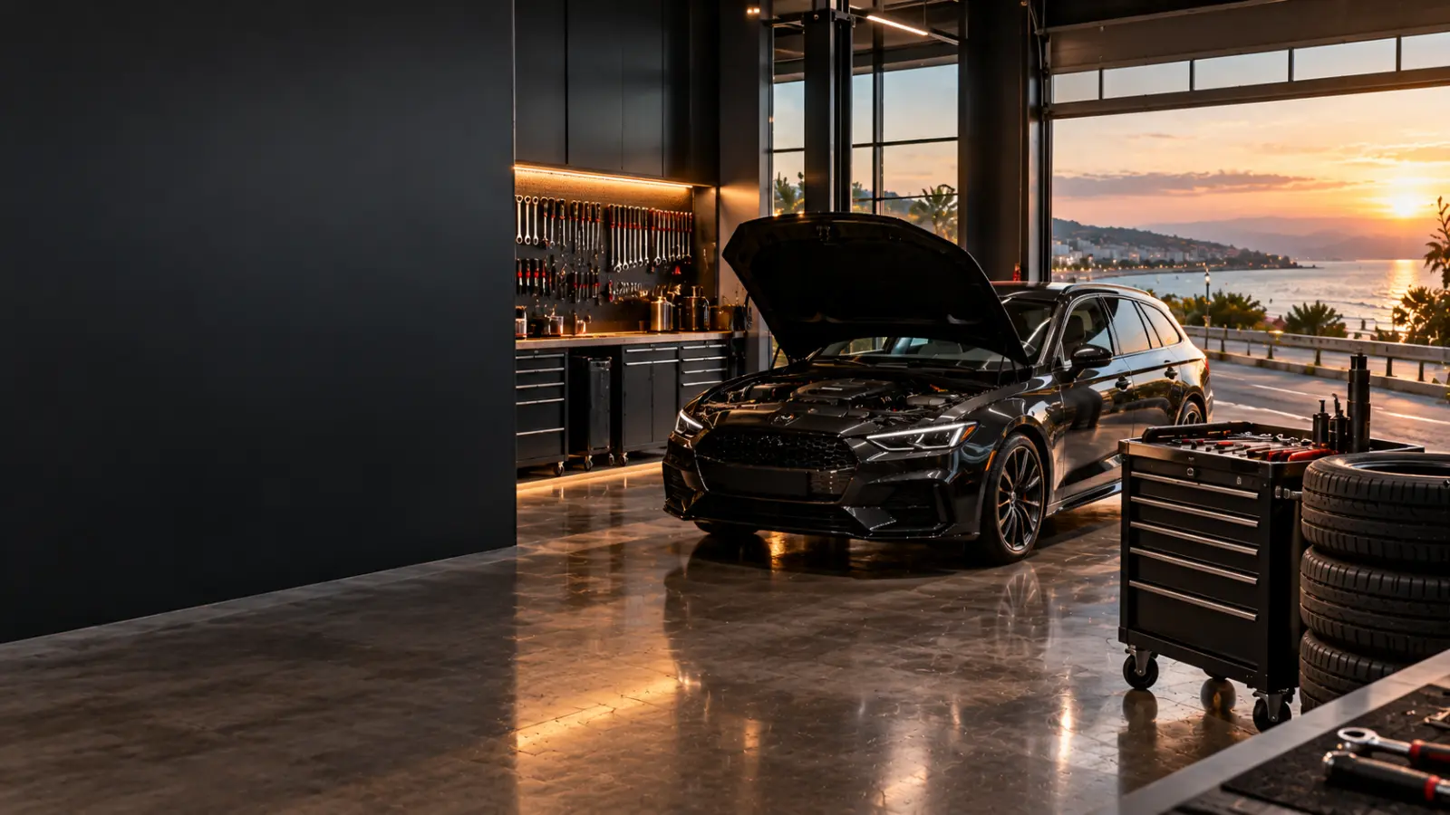 Autowerkstatt mit geöffneter Motorhaube, Werkzeugwagen und Reifen, im Hintergrund Meer und Abendlicht