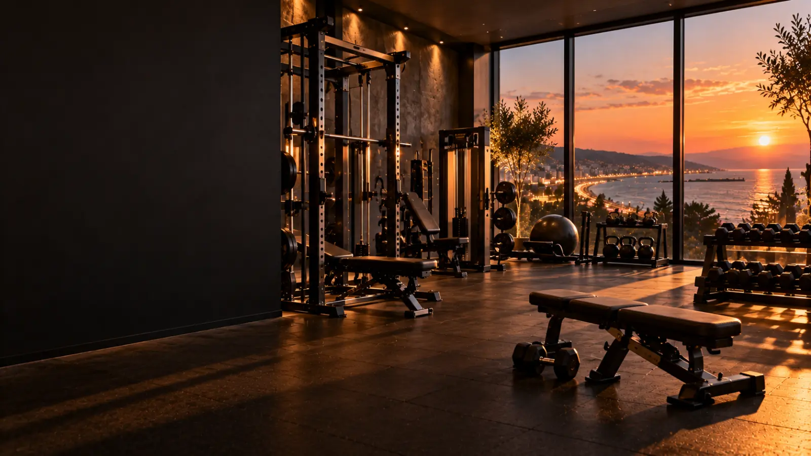 Gym with strength equipment and a large window front, the Varna coastline behind it at sunset