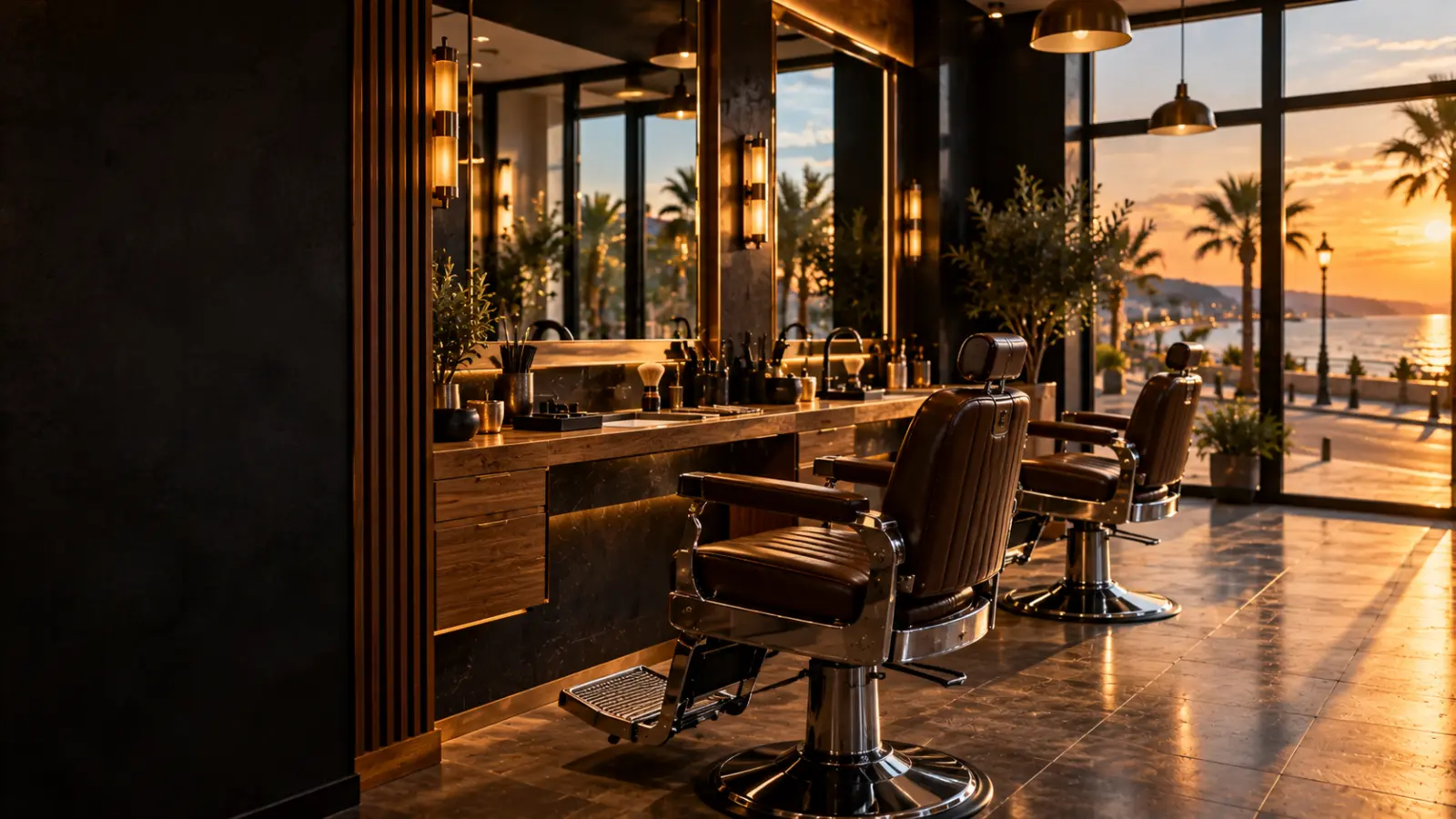 Barbershop mit braunen Lederstühlen, Spiegelfront und Blick auf Palmen und Meer von Varna im Abendlicht