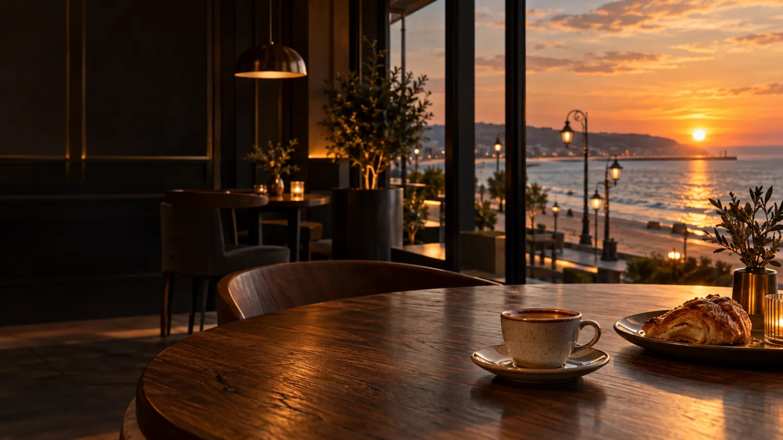 Set wooden table by the window with a view of the Varna coast and sea in evening light