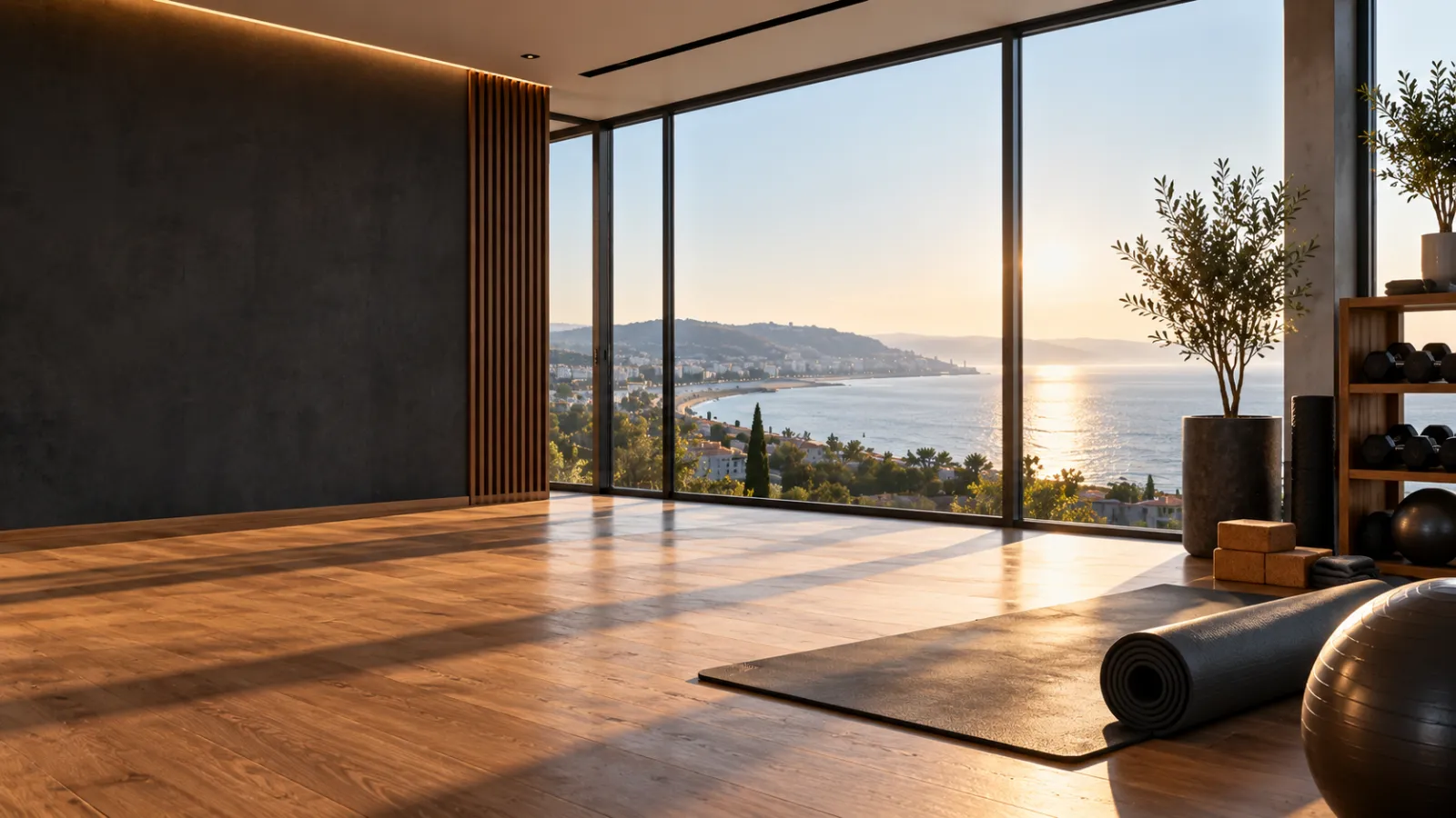 Heller Raum mit Yogamatte, Pilates-Ball und Hanteln, große Fenster mit Meerblick am Morgen