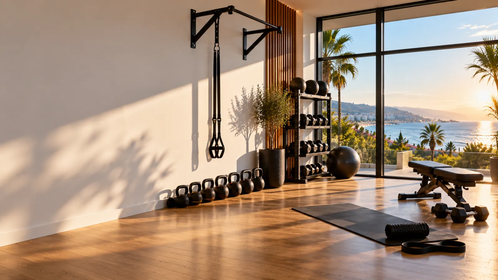 Bright personal training room with dumbbells, kettlebells, a mat and a suspension trainer, large windows overlooking the sea near Varna