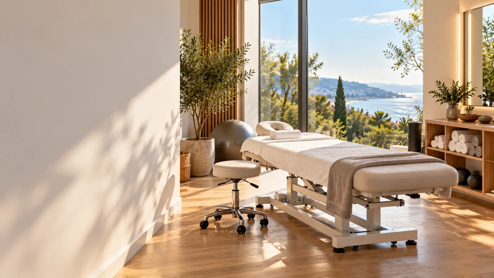 Bright physiotherapy practice with a treatment table, stool and plants, windows overlooking the coast and cypress trees
