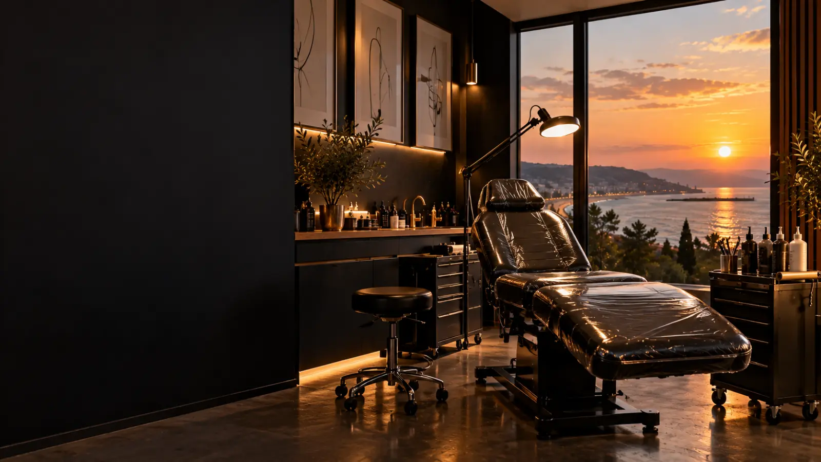 Ruhiges Tattoo-Studio mit schwarzer Liege, Arbeitshocker und Fensterfront mit Sonnenuntergang über der Küste von Varna