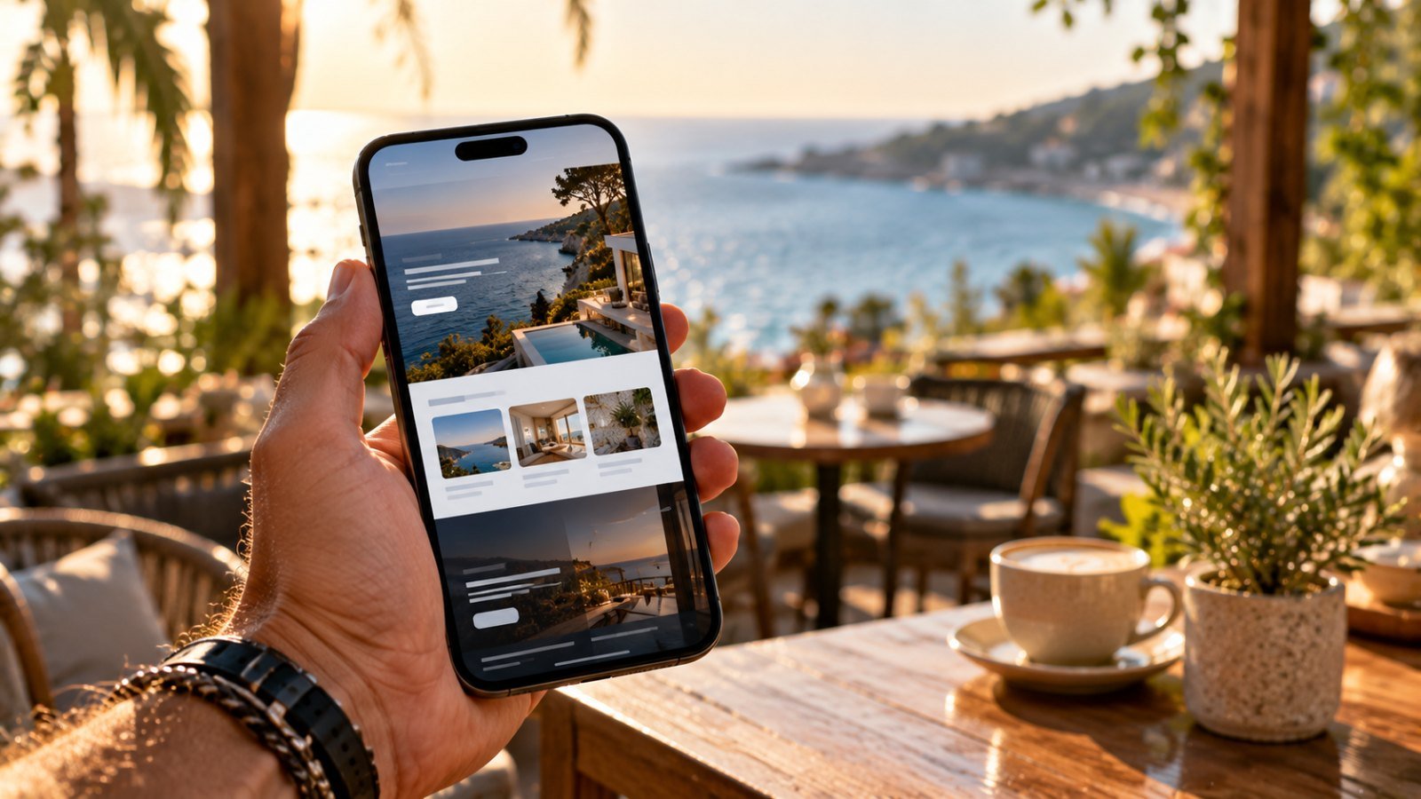 Hand hält ein Smartphone, auf dem eine Webseite geöffnet ist (KI-erzeugtes Stimmungsbild)