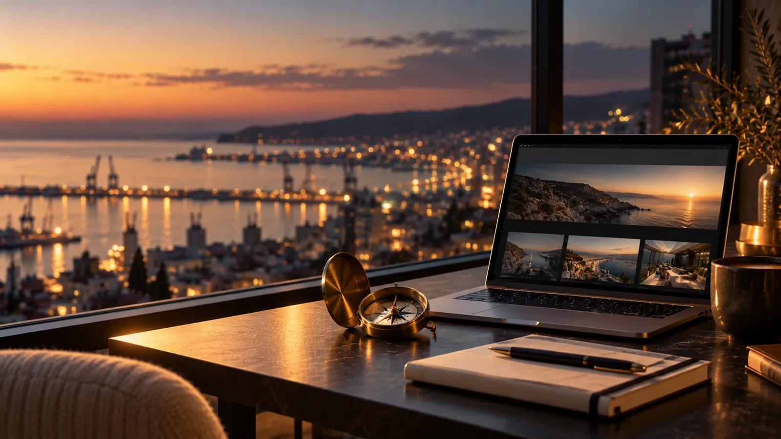 Web design in Varna: a laptop workspace by the harbour in evening light