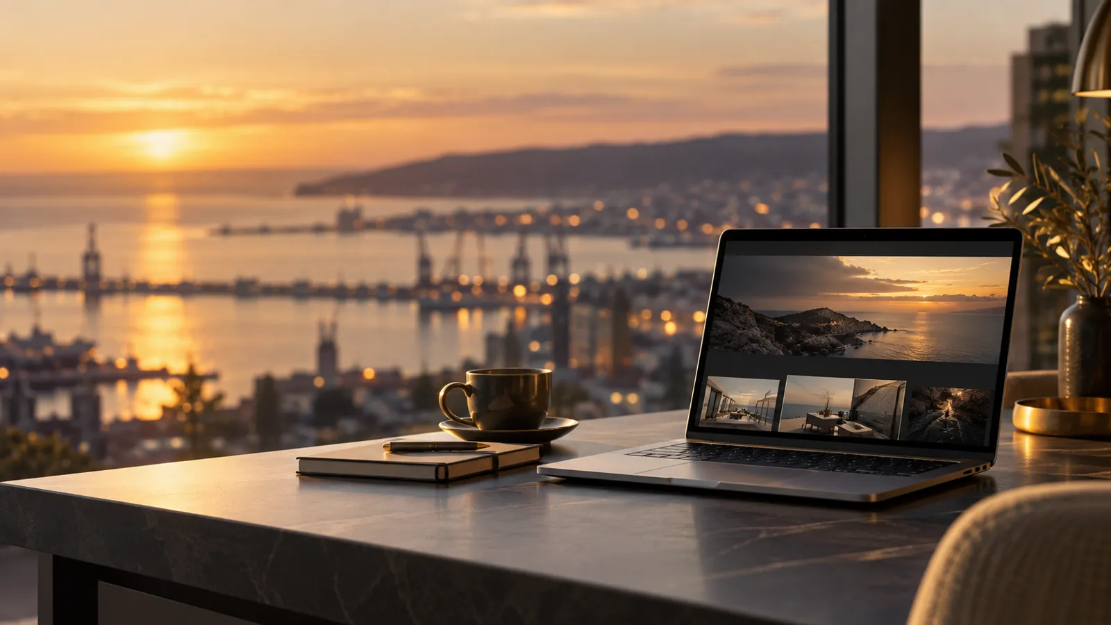 How much a website costs in Bulgaria: a workspace by the harbour in evening light