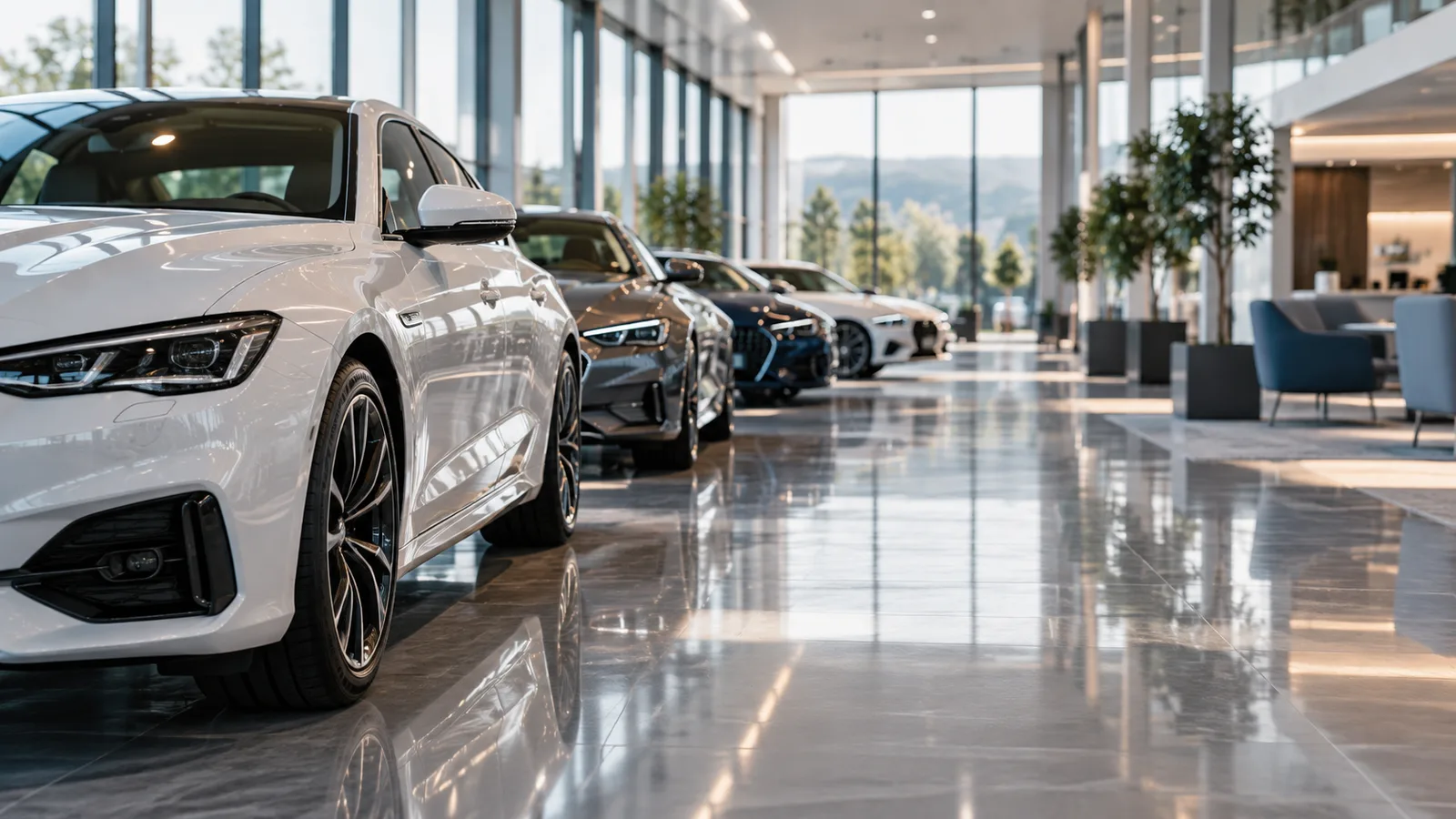 Website for a car dealer in Varna: a row of cars in a bright showroom