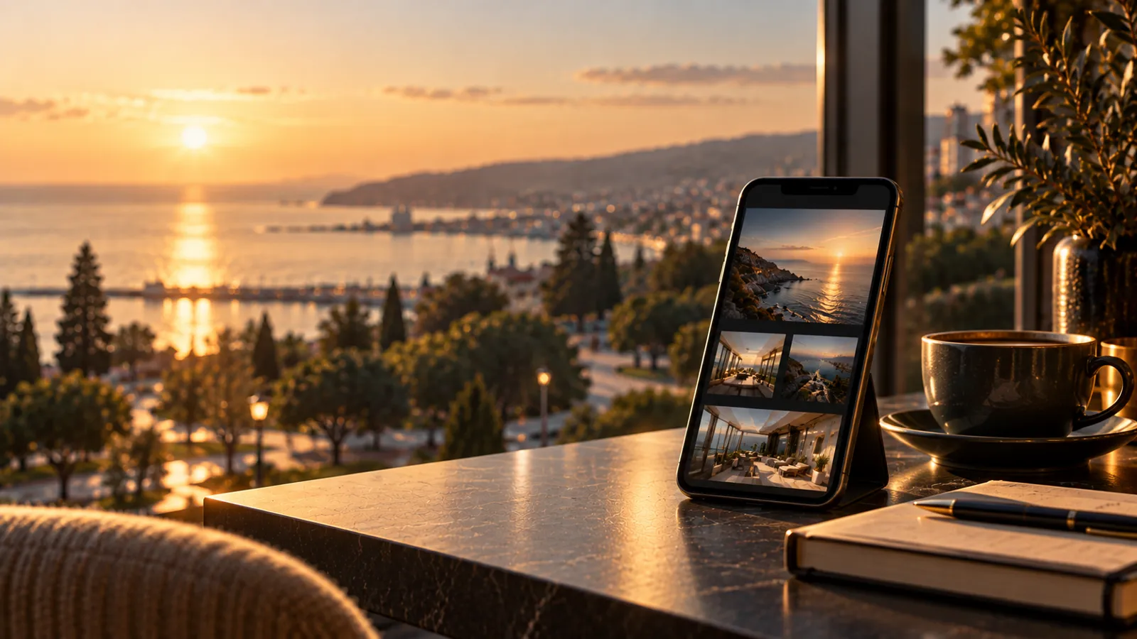 Website for a hotel in Varna: a sea view with a smartphone and coffee on a terrace