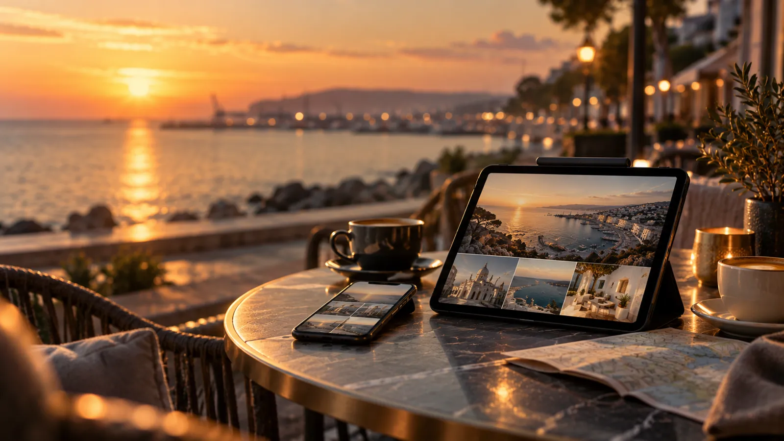 Website for a restaurant in Varna: a seaside café at sunset with the sea in the background