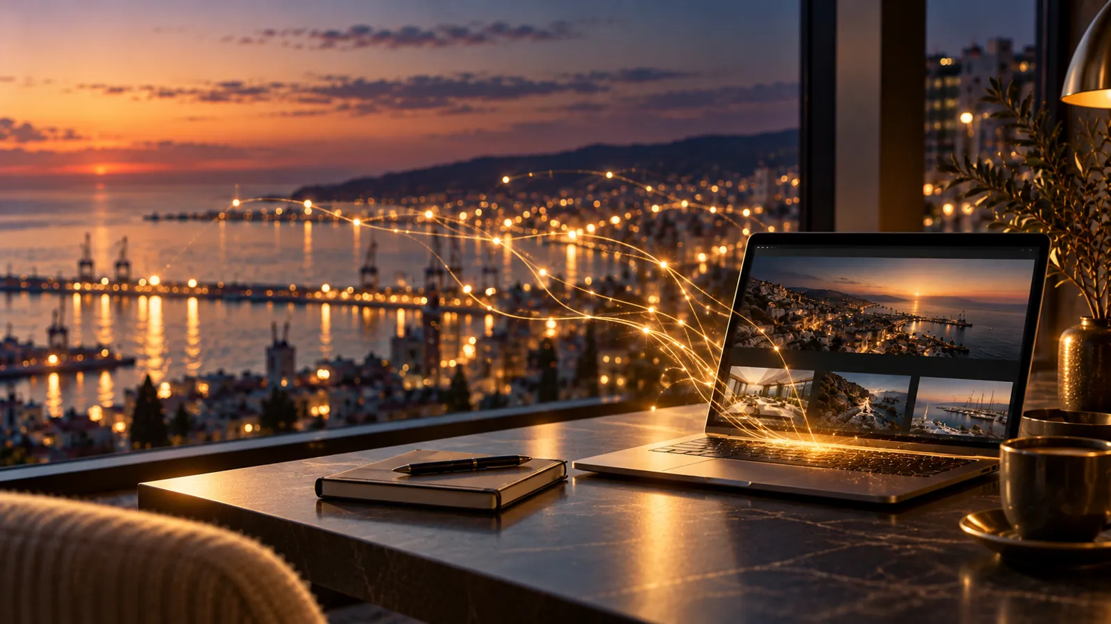 Website for a small business in Bulgaria: golden data streams over a harbour city